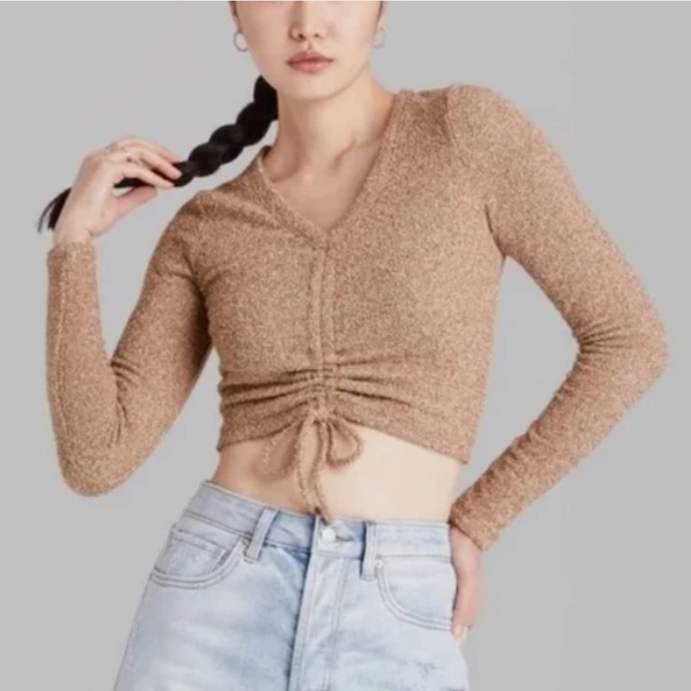 Wild Fable Womens Plush Drawstring Ruched Long Sleeve Crop Top Tan Size Large